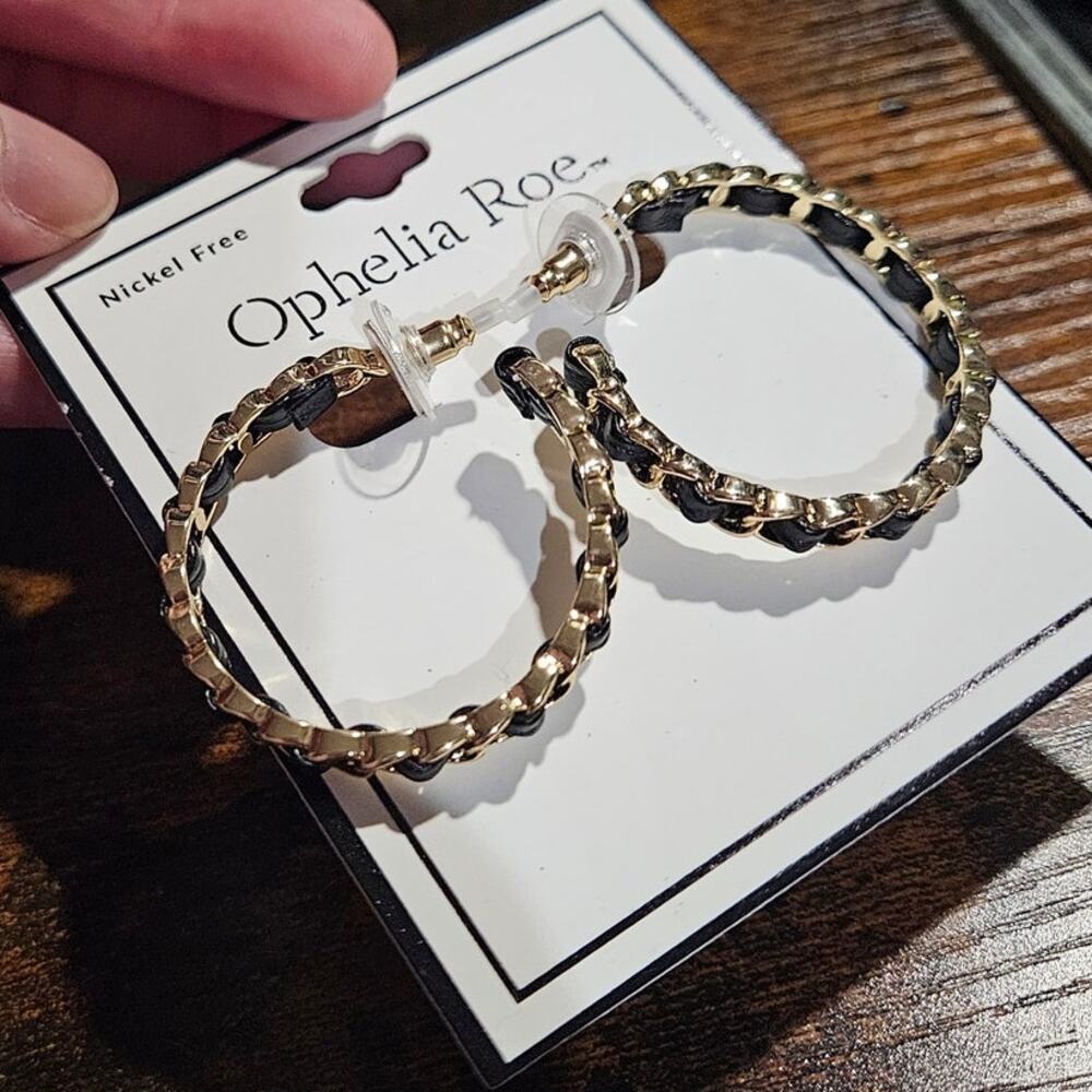 Ophelia Roe Gold Tone Black Woven Chain Hoop Earrings Nickel Free N